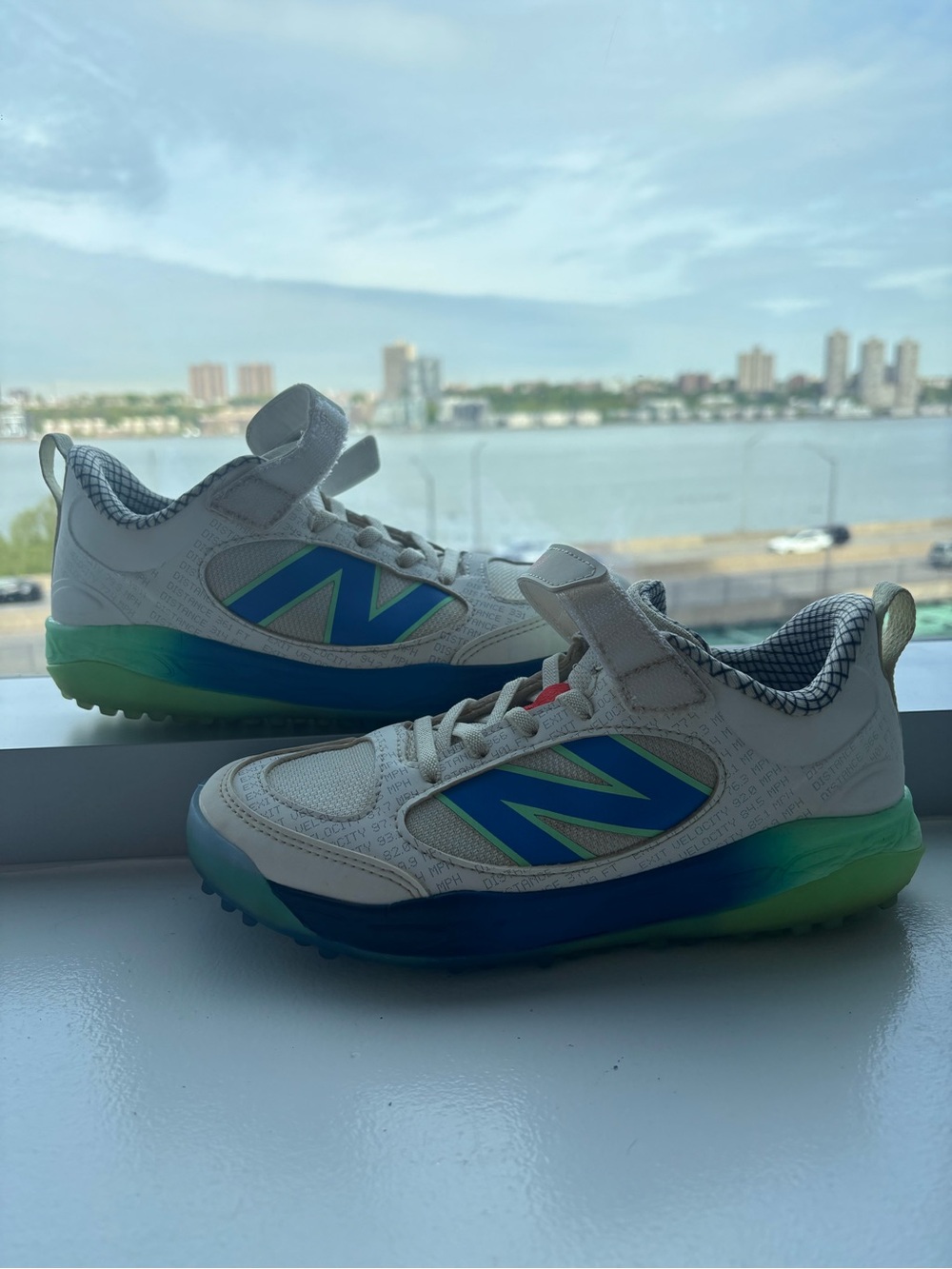 New Balance Kids White Sneakers with Blue & Green Accents